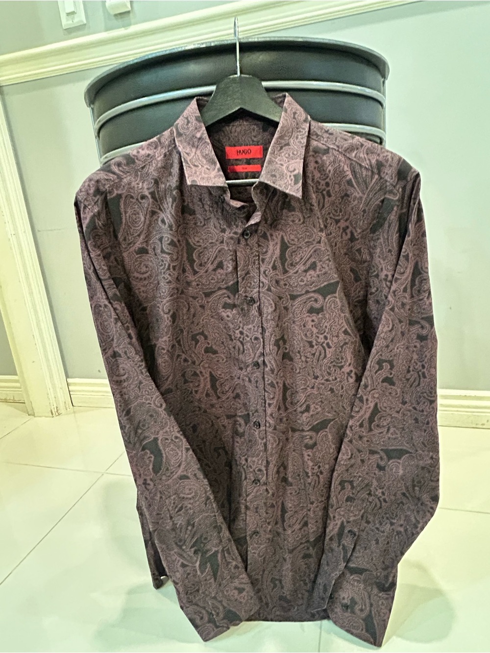 Hugo Boss Men's Paisley-Print Button-Down Shirt in Plum and Black